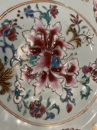 A Chinese famille rose lotus-shaped dish and two plates, Qianlong