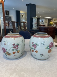 A pair of fine Chinese famille rose 'botanical Merian-style' jars with wooden covers, Qianlong