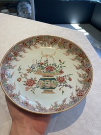 Four Chinese famille rose 'flower basket' plates, Qianlong