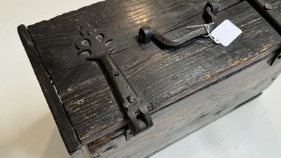 A Gothic wrought iron-mounted oak chest, probably France, 14/15th C.
