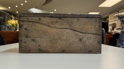 A Gothic wrought iron-mounted oak chest, probably France, 14/15th C.