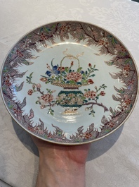 Four Chinese famille rose 'flower basket' plates, Qianlong