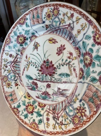 A group of thirteen Chinese blue, white and famille rose plates and a bowl, late Ming/early Qing