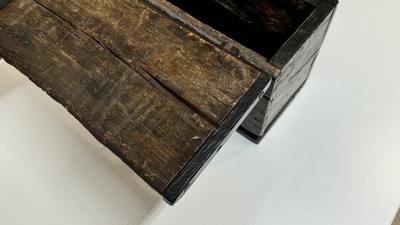 A Gothic wrought iron-mounted oak chest, probably France, 14/15th C.