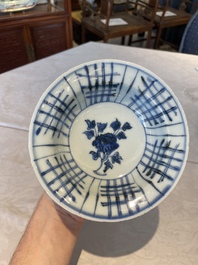 A group of thirteen Chinese blue, white and famille rose plates and a bowl, late Ming/early Qing