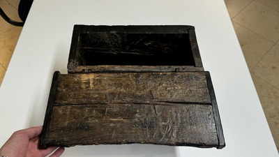 A Gothic wrought iron-mounted oak chest, probably France, 14/15th C.