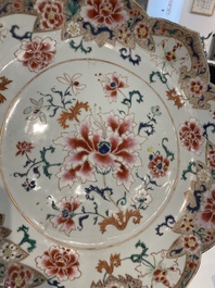 A Chinese famille rose lotus-shaped dish and two plates, Qianlong