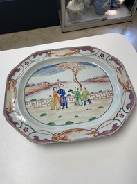 A very large Chinese famille rose octagonal dish with mandarin design, Qianlong