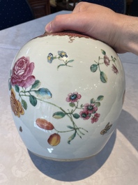 A pair of fine Chinese famille rose 'botanical Merian-style' jars with wooden covers, Qianlong