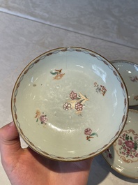 Two Chinese famille rose teapots, ten cups and nine saucers, Qianlong