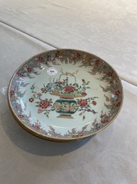 Four Chinese famille rose 'flower basket' plates, Qianlong