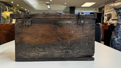 A Gothic wrought iron-mounted oak chest, probably France, 14/15th C.