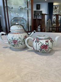 Two Chinese famille rose teapots, ten cups and nine saucers, Qianlong