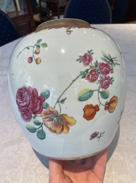 A pair of fine Chinese famille rose 'botanical Merian-style' jars with wooden covers, Qianlong
