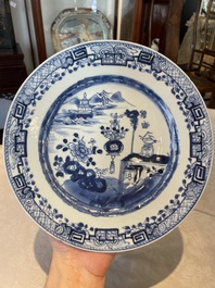 A group of thirteen Chinese blue, white and famille rose plates and a bowl, late Ming/early Qing