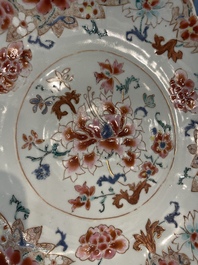 A Chinese famille rose lotus-shaped dish and two plates, Qianlong