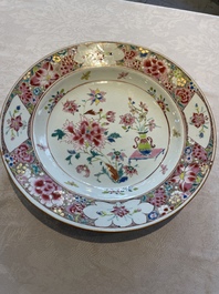 A Chinese famille rose dish and three plates, Qianlong