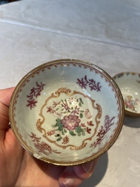 Two Chinese famille rose teapots, ten cups and nine saucers, Qianlong