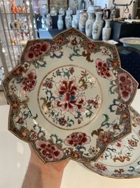 A Chinese famille rose lotus-shaped dish and two plates, Qianlong