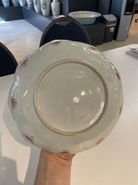 A Chinese famille rose lotus-shaped dish and two plates, Qianlong