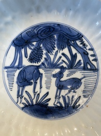 A group of thirteen Chinese blue, white and famille rose plates and a bowl, late Ming/early Qing