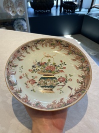 Four Chinese famille rose 'flower basket' plates, Qianlong