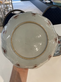 A Chinese famille rose lotus-shaped dish and two plates, Qianlong