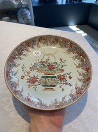 Four Chinese famille rose 'flower basket' plates, Qianlong
