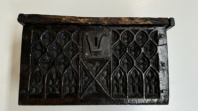 A Gothic wrought iron-mounted oak chest, probably France, 14/15th C.