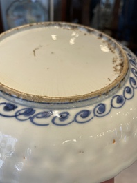 A group of thirteen Chinese blue, white and famille rose plates and a bowl, late Ming/early Qing