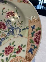 A Chinese famille rose dish and three plates, Qianlong