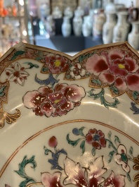 A Chinese famille rose lotus-shaped dish and two plates, Qianlong