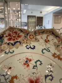 A Chinese famille rose lotus-shaped dish and two plates, Qianlong