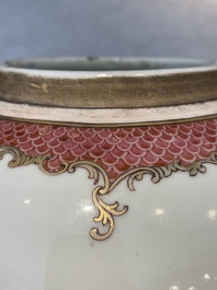 A pair of fine Chinese famille rose 'botanical Merian-style' jars with wooden covers, Qianlong
