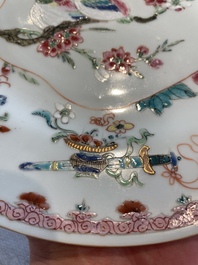 A Chinese famille rose dish and three plates, Qianlong