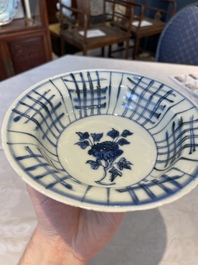 A group of thirteen Chinese blue, white and famille rose plates and a bowl, late Ming/early Qing