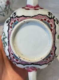 Two Chinese famille rose teapots, ten cups and nine saucers, Qianlong