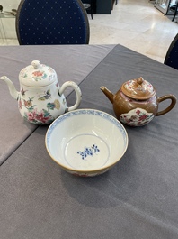 Two Chinese famille rose teapots and a bowl, Qianlong