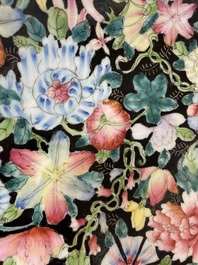 A Chinese famille rose 'mille fleur' dish, a famille verte plate and a pair of famille rose plates, Qianlong mark, 19/20th C.