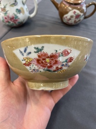 Two Chinese famille rose teapots and a bowl, Qianlong