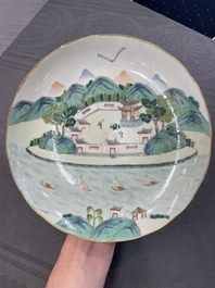 A Chinese famille rose 'mille fleur' dish, a famille verte plate and a pair of famille rose plates, Qianlong mark, 19/20th C.