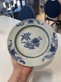 A varied collection of thirteen Chinese blue and white, Imari-style, famille rose and famille verte plates, Kangxi/Qianlong
