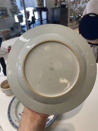 A varied collection of thirteen Chinese blue and white, Imari-style, famille rose and famille verte plates, Kangxi/Qianlong