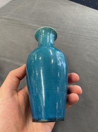 Three Chinese monochrome turquoise-glazed vases with two wooden stands, Kangxi and later