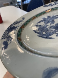 A varied collection of thirteen Chinese blue and white, Imari-style, famille rose and famille verte plates, Kangxi/Qianlong