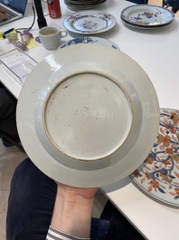 A varied collection of thirteen Chinese blue and white, Imari-style, famille rose and famille verte plates, Kangxi/Qianlong