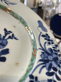 A varied collection of thirteen Chinese blue and white, Imari-style, famille rose and famille verte plates, Kangxi/Qianlong