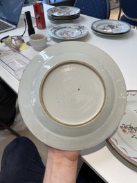 A varied collection of thirteen Chinese blue and white, Imari-style, famille rose and famille verte plates, Kangxi/Qianlong