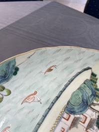 A Chinese famille rose 'mille fleur' dish, a famille verte plate and a pair of famille rose plates, Qianlong mark, 19/20th C.
