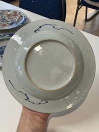 A varied collection of thirteen Chinese blue and white, Imari-style, famille rose and famille verte plates, Kangxi/Qianlong